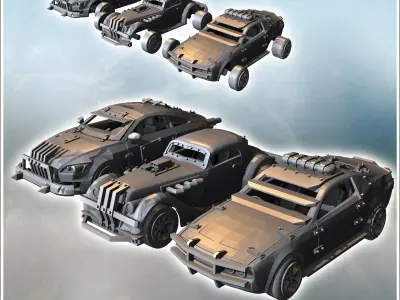 Set of three post-apocalyptic cars with bumper and improvised ar 3D print model