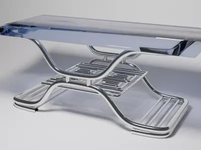 Futuristic Curved Chrome Table with Glass Top  3D Model 3D model