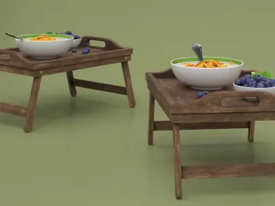 Bowl of Corn Flakes with Milk and Blueberries on Bed Tray 3D model
