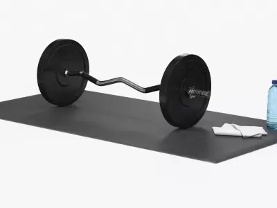 Strength Training Setup with Curved Barbell on Black Mat 3D model