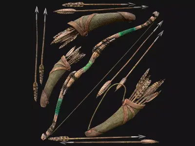 Wooden Bow and Quiver Ranger Set Medieval  Low-poly 3D model