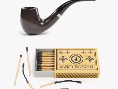 Smoking Pipe with Matchbox Set - Tobacco Pipe and Safety Matches 3D Model Pack