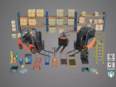 Cargo Pallets and Forklift Trucks Collection All PBR Textures 3D Model Pack