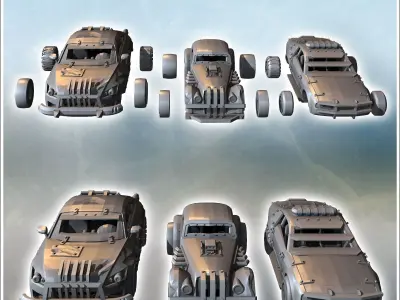 Set of three post-apocalyptic cars with bumper and improvised ar 3D print model