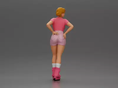 Roller skater strikes pose in pink shirt shorts and skates 3D print model