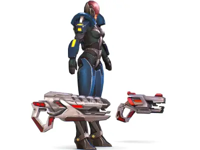 Woman Cyborg - Female Soldier with Rifle and Pistol Low-poly 3D model