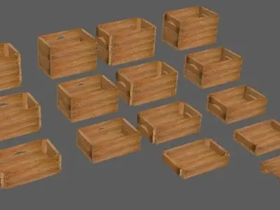 Set wooden boxes of different heights and pallets Low-poly 3D model