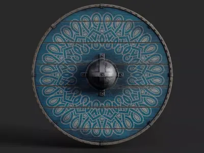Slavic round wooden shield-painted blue with nordic symbol Low-poly 3D model