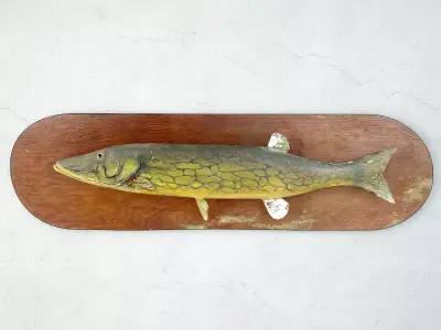 Antique Painted Carved Wood Fish Wall Sculpture 2 3D model