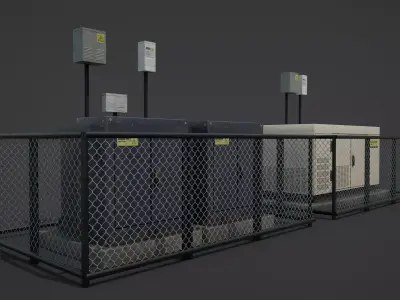 Fenced Electrical Substation and Power Units Low-poly 3D model