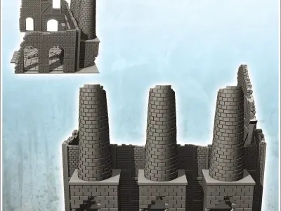 Ruined industrial building with three brick chimneys 5 - Modern  3D print model