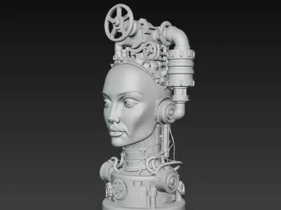 Steampunk Mechanical Woman Bust Sculpture STL 3D print model
