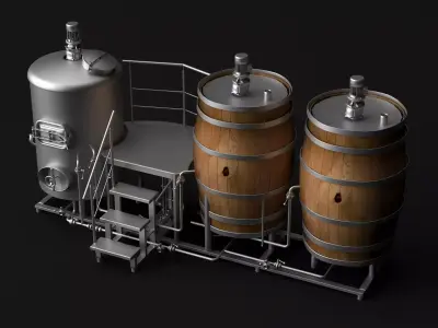 Microbrewery System Beer Fermentation Tank Wooden Barrel PBR 3D model