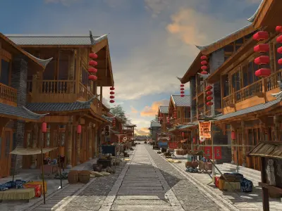 Asian medieval street scene historical buildings 3D model