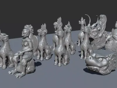 animal ornaments on house-ridges 3D model