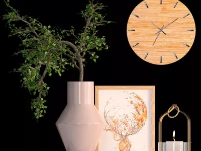 Decorative Set wooden shelf with clock and vase 3D model