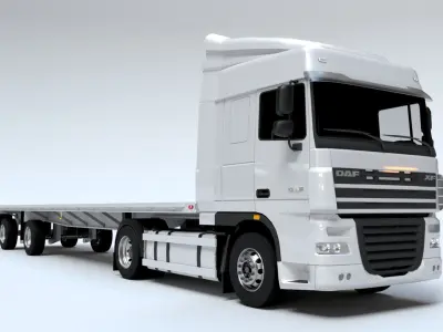 Articulated DAF XF Truck Cab with Flatbed Trailer Low-poly 3D model