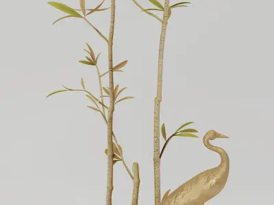 Decorative Set bronze sculpture of heron and bamboo on rock 3D model
