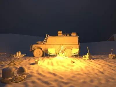 Desert car camping  Outdoor campsite Tent camp 3D model Low-poly 3D model