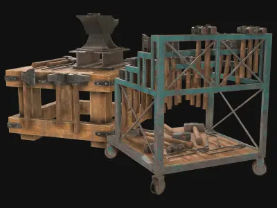 Anvil with Ironwork Tools and Rack 2 Low-poly 3D model