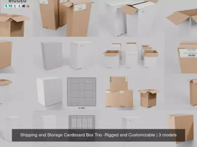 Shipping and Storage Cardboard Box Trio -Rigged and Customizable 3D Model Pack