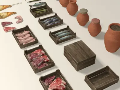 Medieval street markets props collection Low-poly 3D model