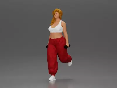 Strong woman power walking with dumbbells wearing top and pants 3D print model
