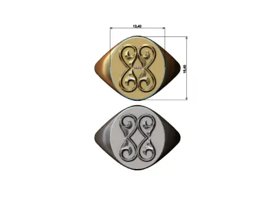 Oval signet ring with double floral scroll ornaments 3D print model