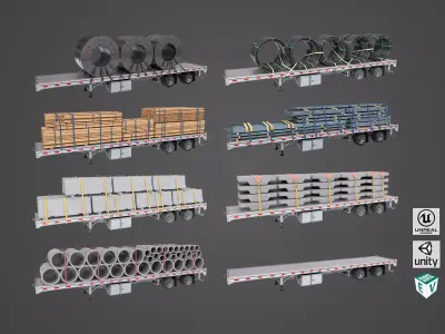 Flatbed Trailer 7 Loads Single Mat All PBR Unity UE Textures Low-poly 3D model
