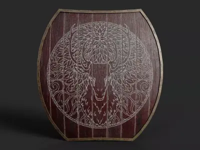 Slavic hybrid shield-painted red with deer symbol Low-poly 3D model