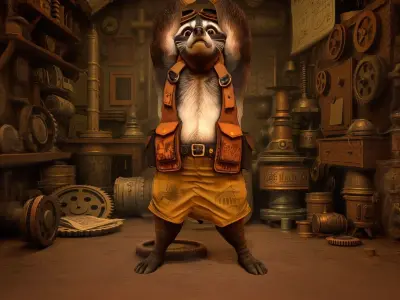 Raccoon Inventor in Steampunk Workshop Low-poly 3D model