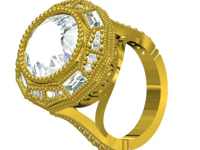 Antique Round Cut White Diamond Art Deco Engagement Ring 3D print model