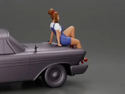 sexy girl in short denim overalls heels is sitting on the car 3D print model