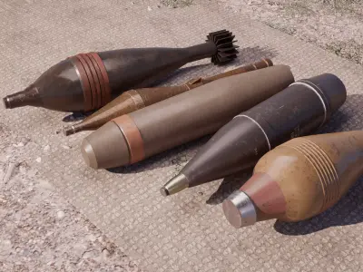 Mortar Shell Pack - 5 Bombs Low-poly 3D model