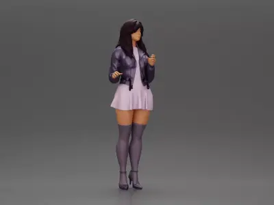 Beautiful girl standing in jacket and dress waiting for someone 3D print model