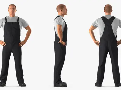 Worker Wearing Black Overalls Suit Rigged for Cinema 4D 3D model