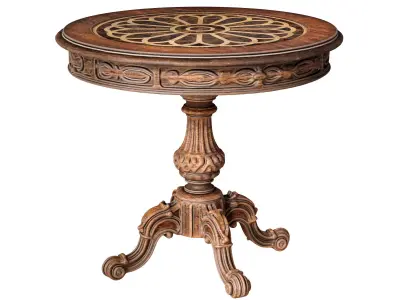 Round Wooden Carved Distressed Dining Coffee  Table Rustic Style 3D model