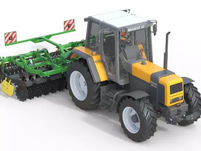 Renault 160-94 Tractor and Compact Disc Harrow Low-poly 3D model