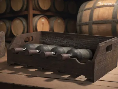 Vintage Bordeaux Wine in Old Wooden Case with Cobwebs 3D model
