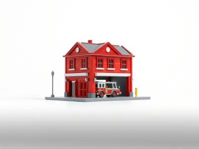 Whimsical Fire Station Red Facade Cartoon Model Pack Low-poly 3D model
