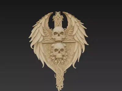 Gothic Winged Skull Shield 3D Fantasy Dark Sculpture 3D model