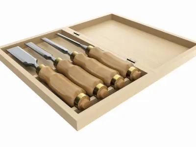 Chisel set in wooden box 3D model