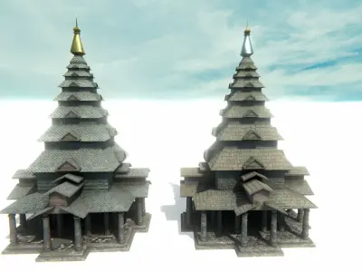 Asian Temple - Pagoda set Low-poly 3D model