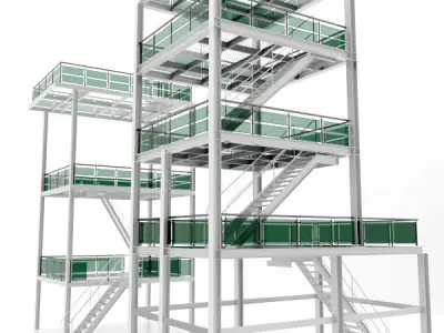 Platform 2 metal building with stairs and railings 3D model