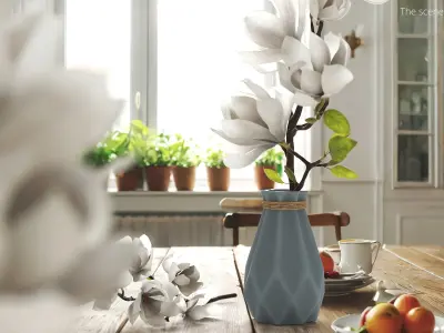 Magnolia Flower Branch in Faceted Vase White 3D model