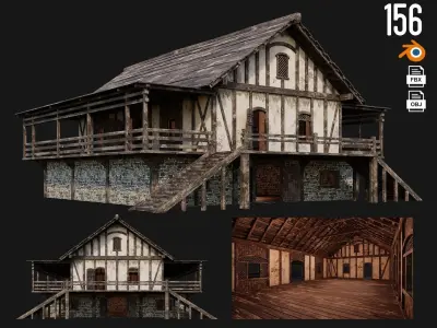 4 Old Medieval House Pack 4K Textures GameReady 153 to 156 Low-poly 3D model