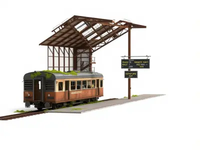 Ruined Train Station Environment model pack Low-poly 3D model