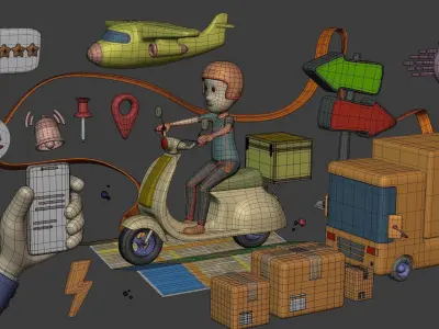 Cartoon Transport Pack - Scooter Plane Truck smartphone Hand Man Low-poly 3D model
