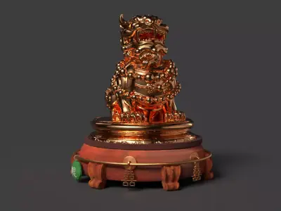 Chinese Ancient Lion Statue Figure  Low-poly 3D model