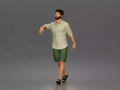 bearded man strolling forward in casual summer outfit 3D print model